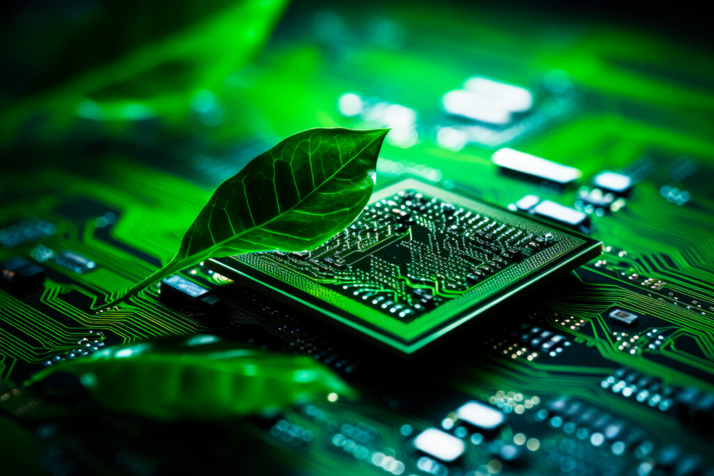 Refurbished Technology - Green leaf on computer circuit board, eco-friendly technology, sustainable computing, environment conservation